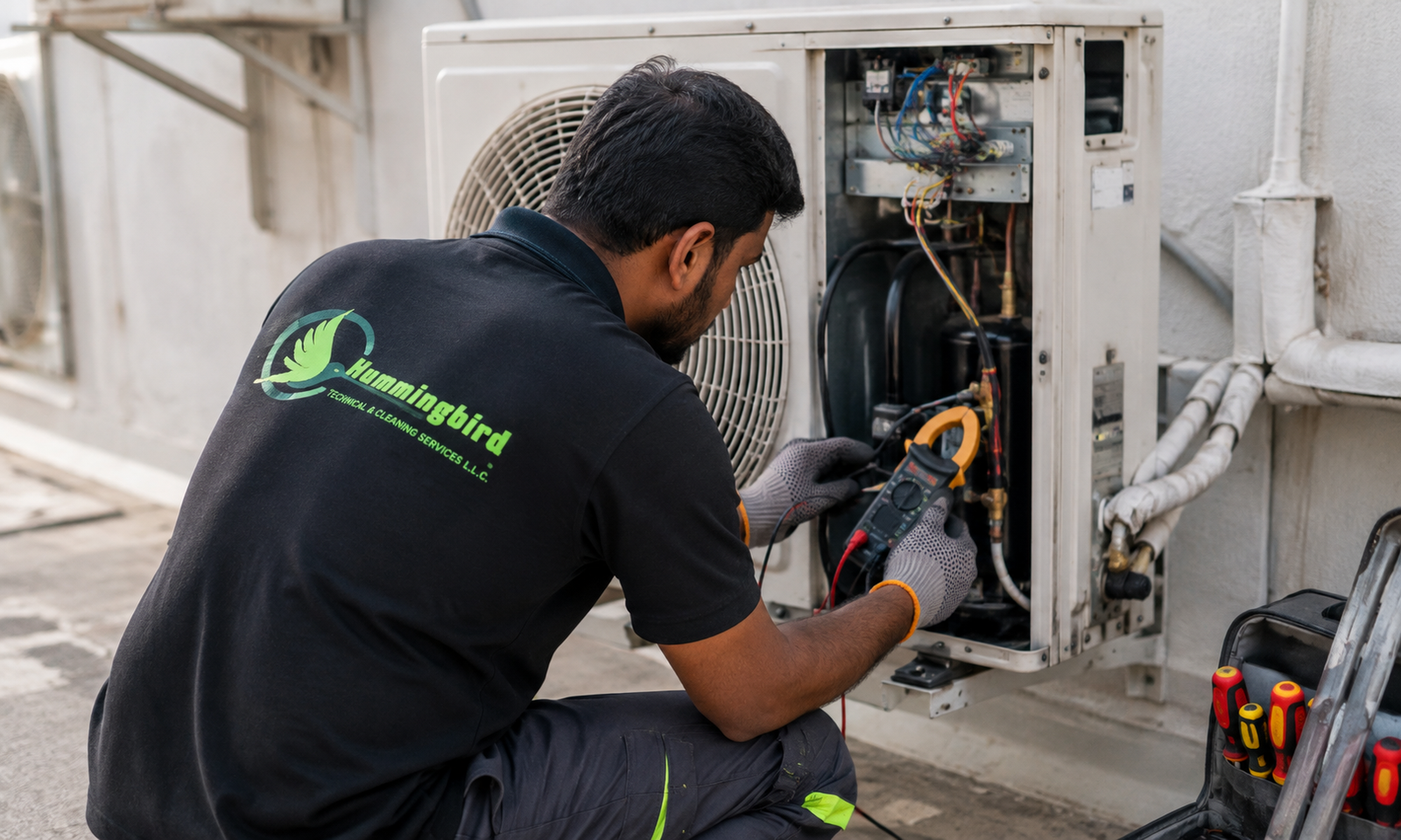 AC compressor repair Dubai by Hummingbird Technical technician