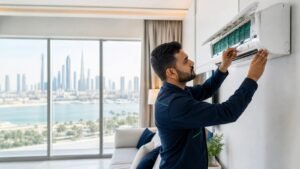 HVAC technician servicing a wall-mounted split AC in a Dubai apartment