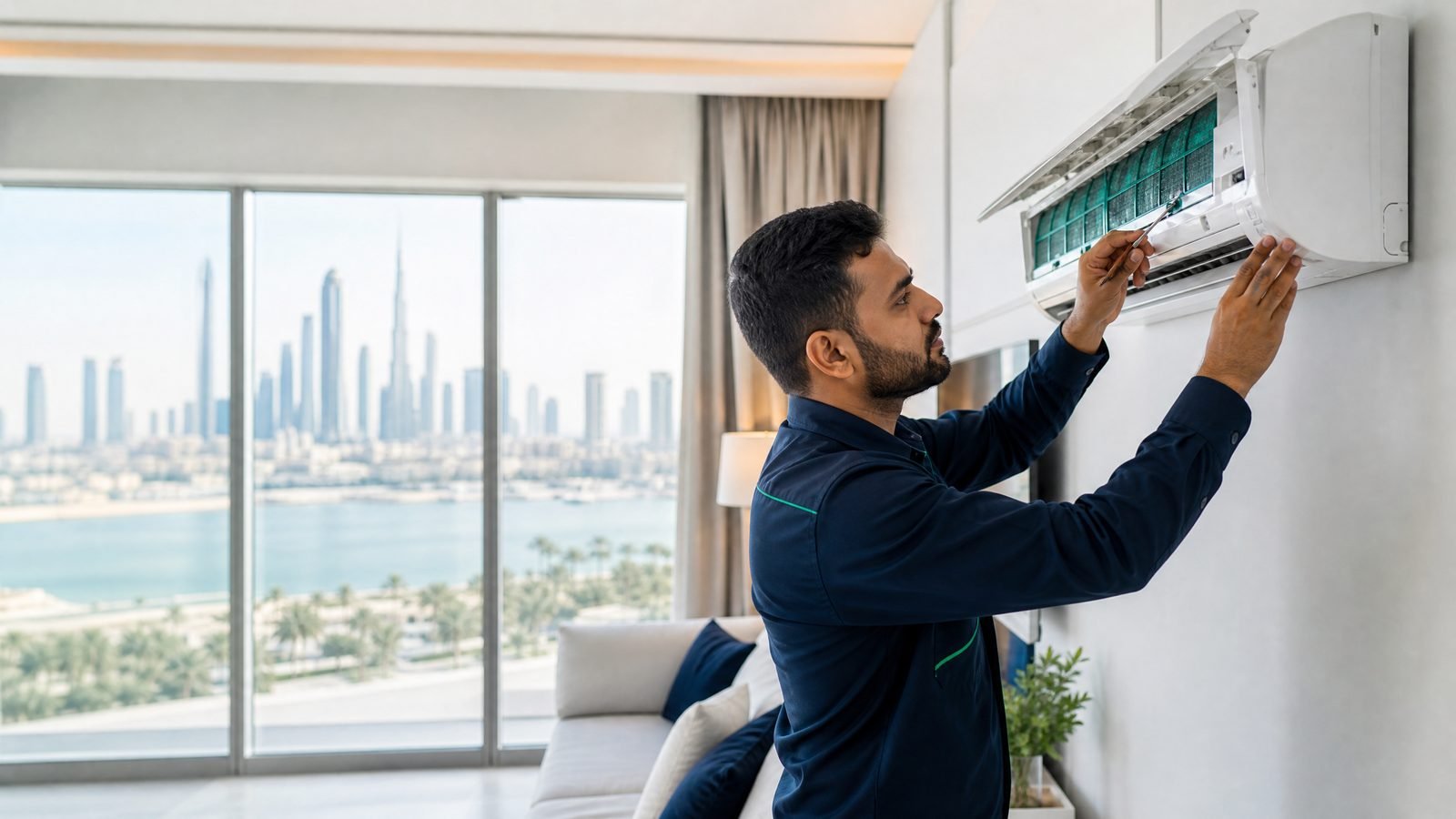 HVAC technician servicing a wall-mounted split AC in a Dubai apartment